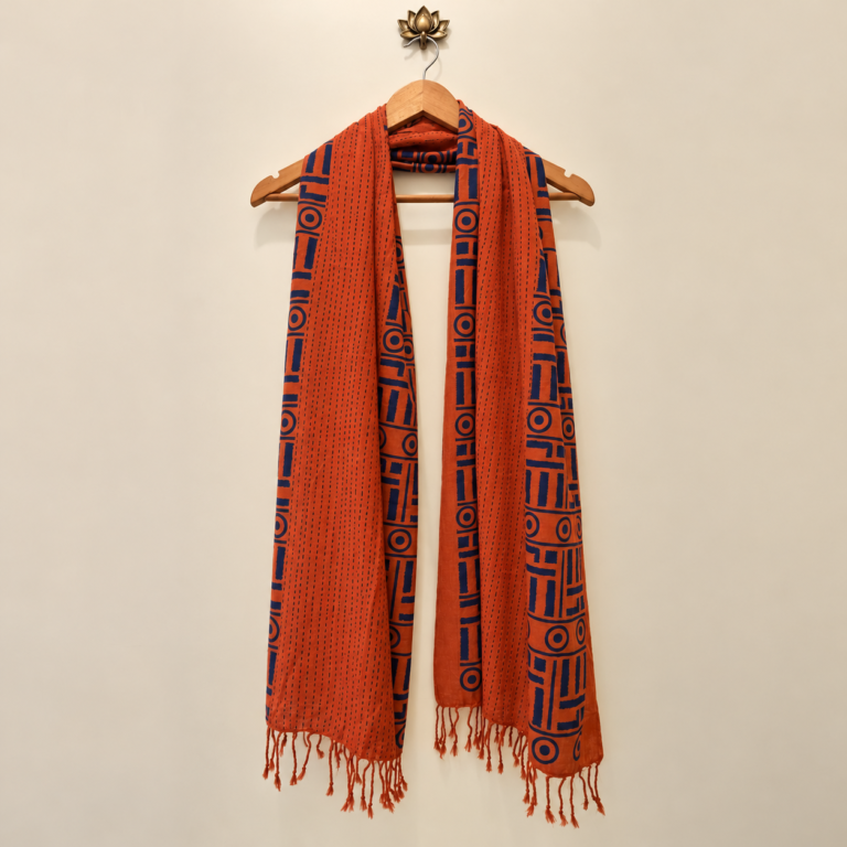 Om Hand Block Printed Red And Blue Handloom Cotton Stole