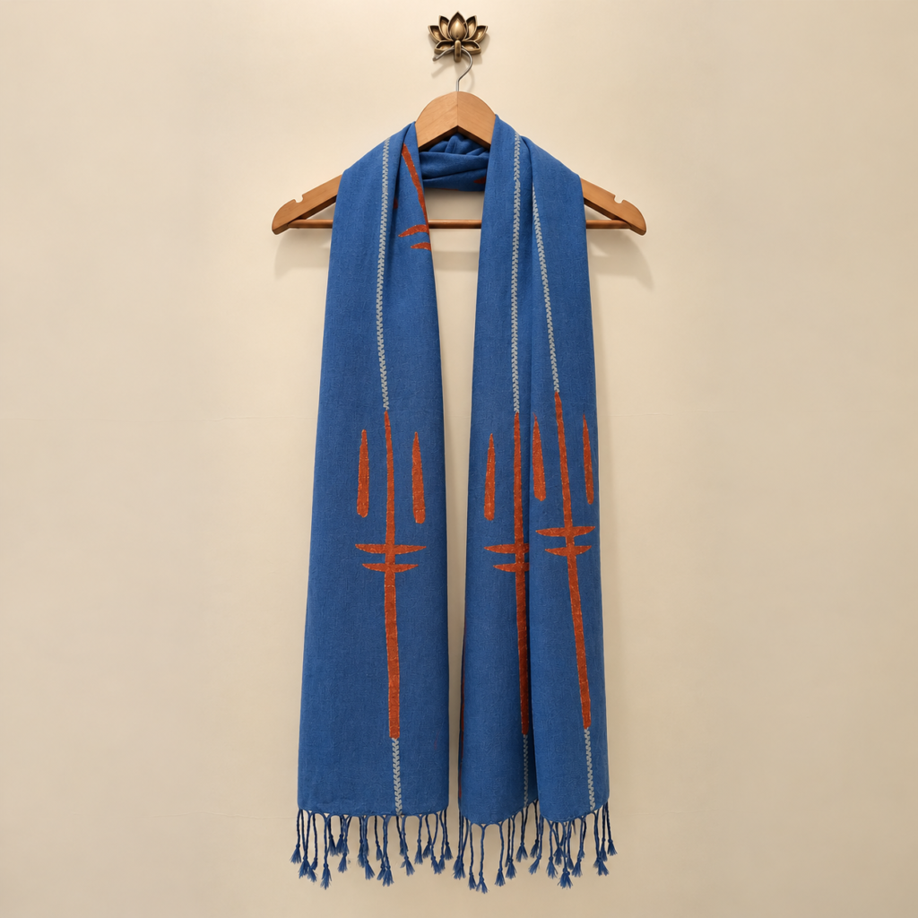 Trishul Block Printed Blue Handloom Cotton Stole