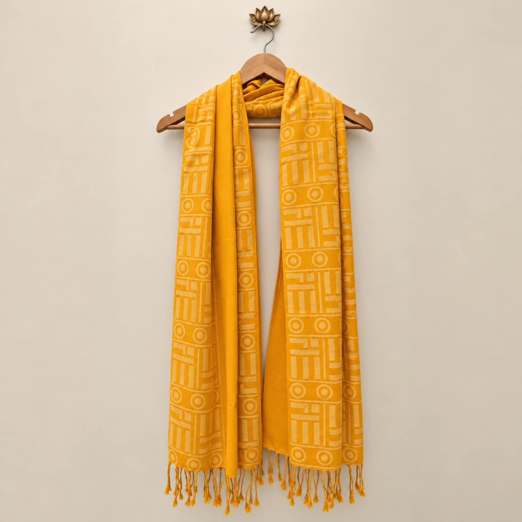 Om And Trishul Hand Block Printed Yellow Handloom Cotton Stole