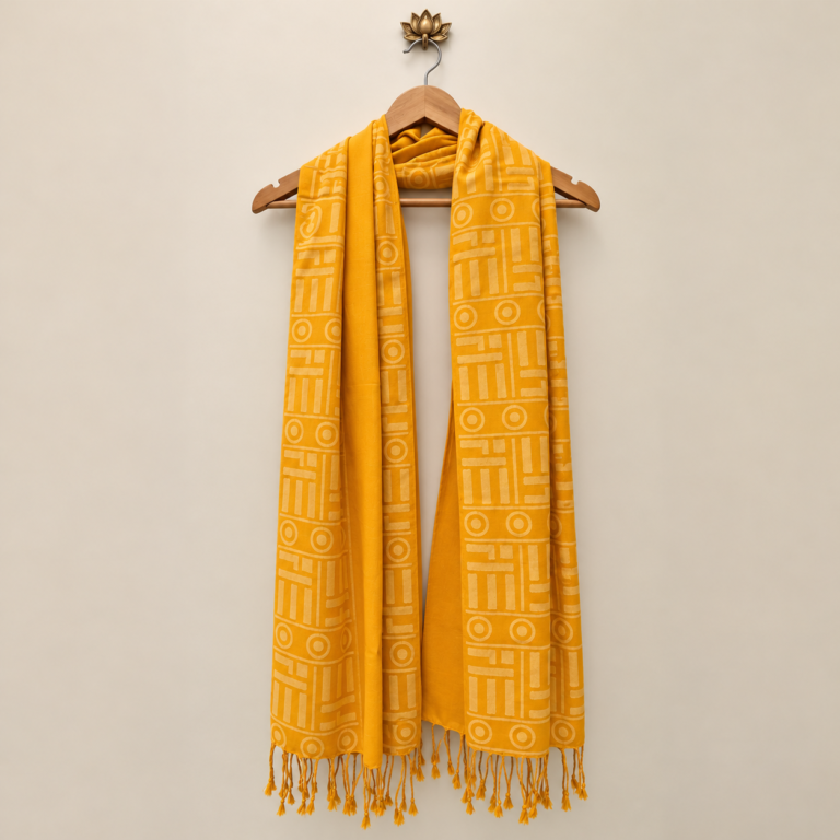 Om And Trishul Hand Block Printed Yellow Handloom Cotton Stole