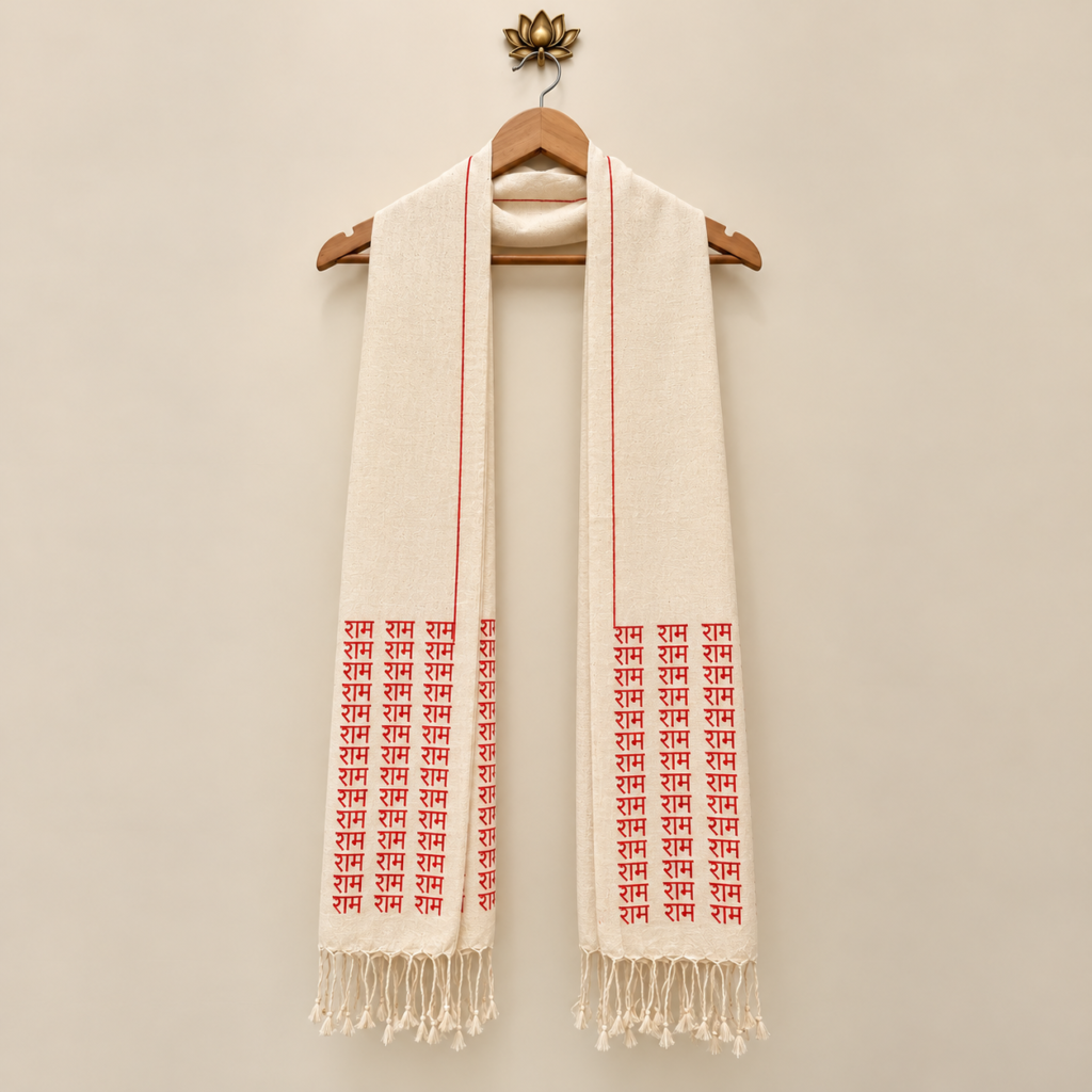 Ram Calligraphy Work Hand Painted Handloom Cotton Cream Stole