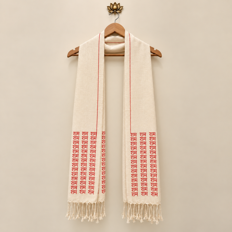 Ram Calligraphy Work Hand Painted Handloom Cotton Cream Stole