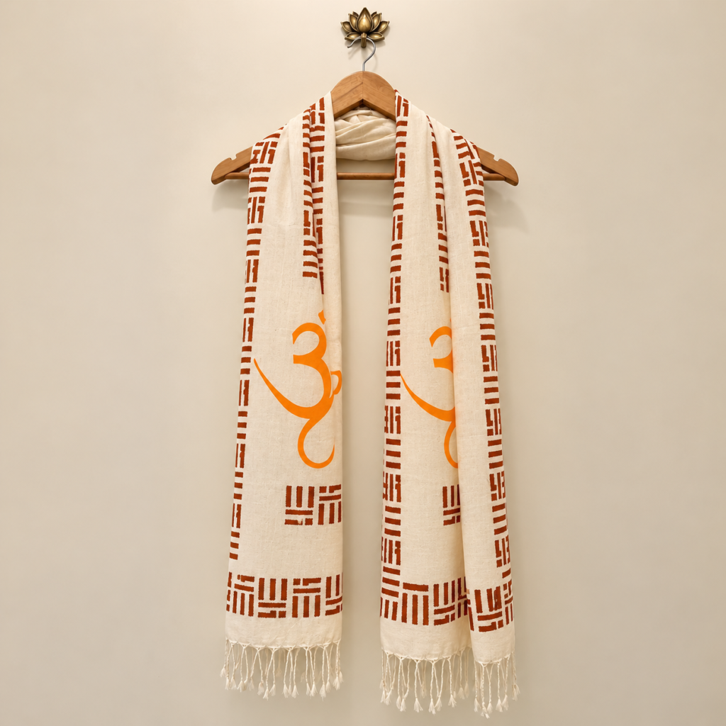 Om Cream Block Printed Handloom Cotton Stole
