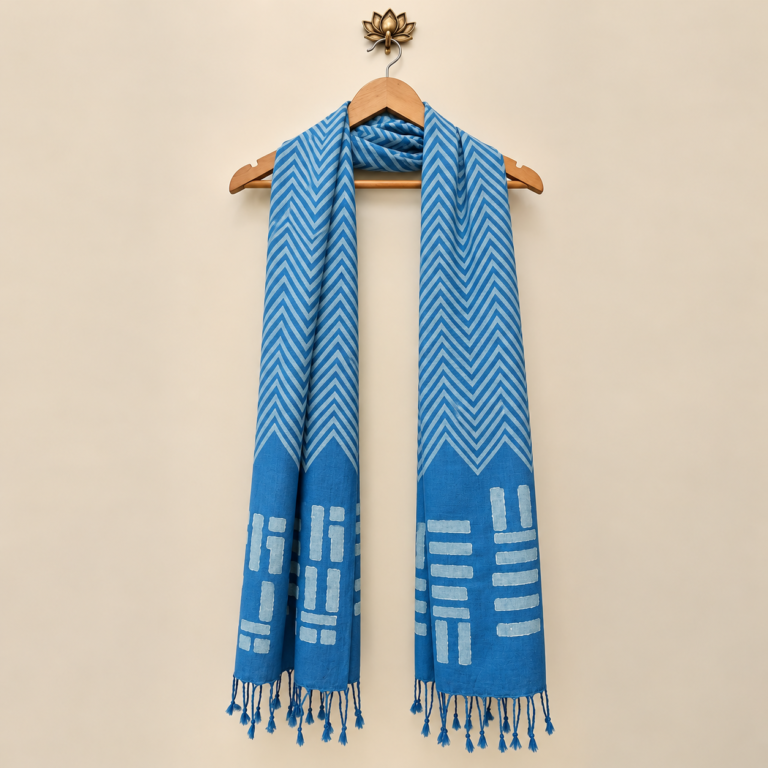 Om Blue Block Printed Handloom Cotton Stole